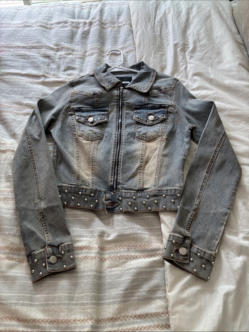 Fashion Nova Gray Studded Zip-Front Denim Jacket